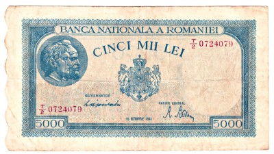 ROMANIA 5000 LEI 10 OCTOMBRIE 1944 STARE F BUNA FILIGRAN ORIZONTAL foto