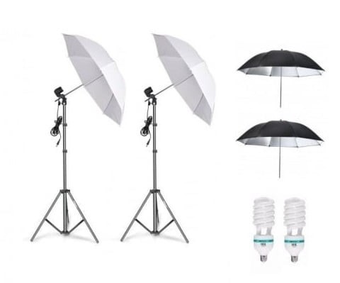 Kit de 4 umbrele alb-negru, 2 trepiezi reglabili 200 cm, 2 becuri 150W