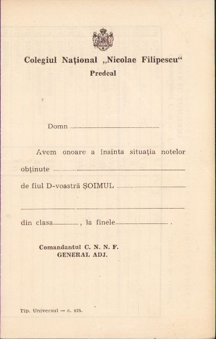 A1427 Carnet de situație școlară șoim, 1942, Colegiul Național &bdquo;Nicolae Filipescu&rdquo;, Predeal