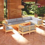 Cumpara ieftin Set mobilier de grădină cu perne, 11 piese, gri, lemn masiv pin