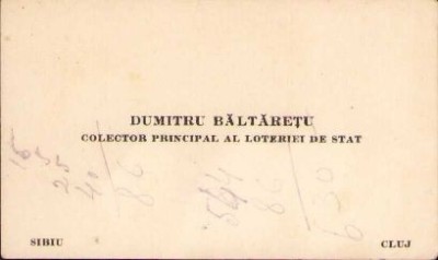 A1509 Carte de vizită interbelică colector principal Loteria de Stat Cluj foto