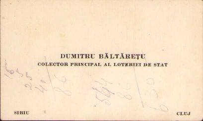 A1509 Carte de vizită interbelică colector principal Loteria de Stat Cluj