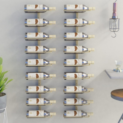 vidaXL Suport sticle de vin, de perete, 9 sticle, 2 buc., auriu, fier foto