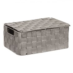 Cutie Depozitare, Model Impletit, Culoare Gri, Material Metal si Plastic, Dimensiuni 30x20x12 cm, Cu Capac si Manere