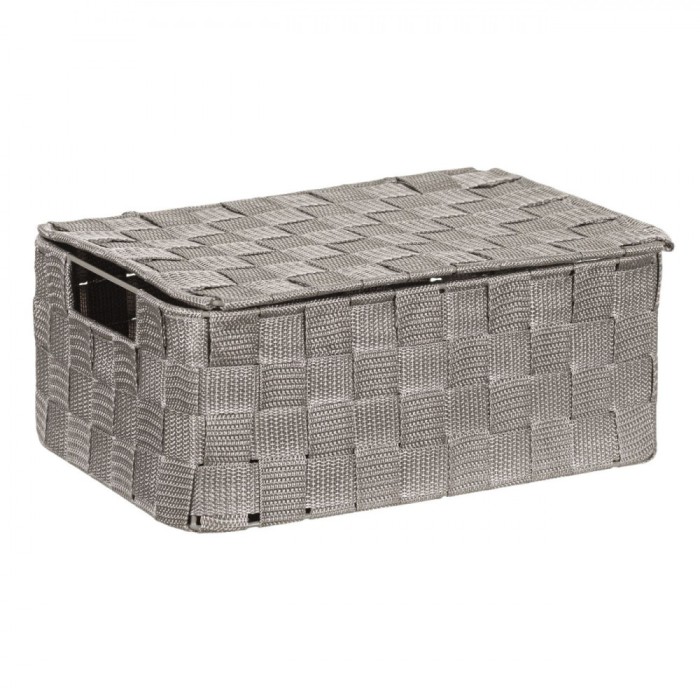 Cutie Depozitare, Model Impletit, Culoare Gri, Material Metal si Plastic, Dimensiuni 30x20x12 cm, Cu Capac si Manere