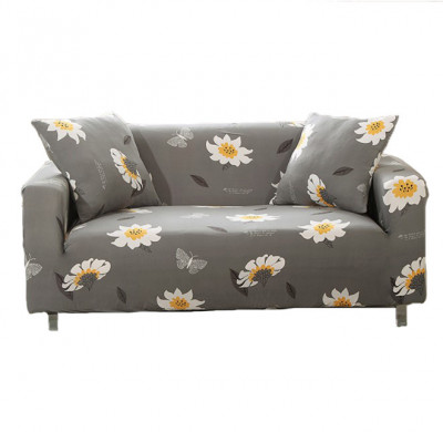 Husa elastica pentru canapea si pat, cu doua fete de perna, gri cu flori foto