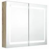 Dulap de baie cu oglindă și LED, alb și stejar, 80x12x68 cm