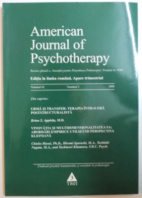 AMERICAN JOURNAL OF PSYCHOTHERAPY, EDITIA IN LIMBA ROMANA APARE TRIMESTRIAL, VOL. 62, NR. 2, 2008 foto