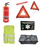 Kit siguranta auto complet omologat RAR Trusa medicala 2 Triunghiuri Stingator 1kg Vesta + cadou Geanta depozitare
