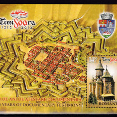 RO 2012 ,LP 1937 , colita 527 "Timisoara 800 ani de atestare" MNH , tiraj 6.500