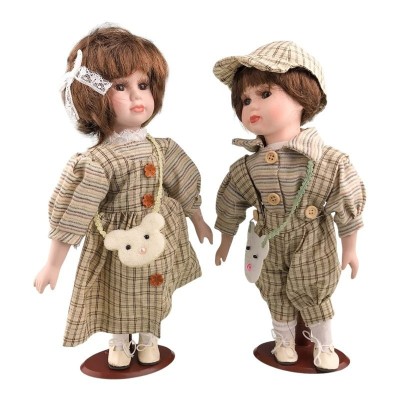 Set 2 papusi pupacioase, cu fata si mainile din ceramica, Gri, 31 cm, 1757H-2 foto