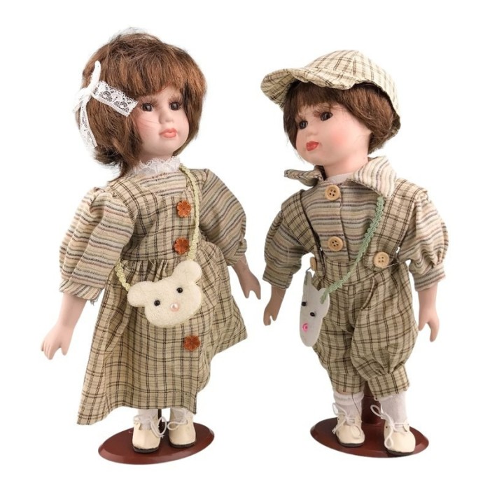 Set 2 papusi pupacioase, cu fata si mainile din ceramica, Gri, 31 cm, 1757H-2