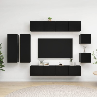 Set dulapuri TV, 8 piese, negru, lemn prelucrat foto