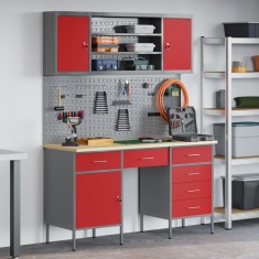 Set birou ?i panou unelte vidaXL, 7 piese, Ro?u, MDF ?i metal foto