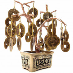 Copacei decorativi Pomul Abundentei cu monede chinezesti, copacul norocos Feng Shui pentru bani, metal de calitate, 15 cm auriu