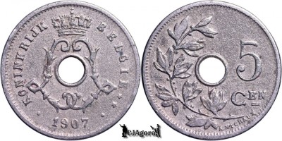 1907, 5 Centimes - Leopold al II-lea - Regatul Belgiei - inscripție olandeză foto