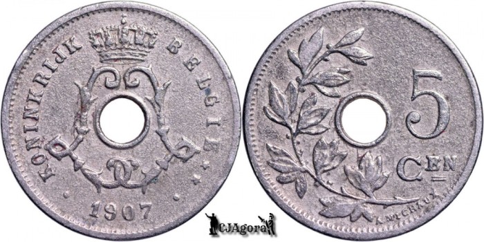 1907, 5 Centimes - Leopold al II-lea - Regatul Belgiei - inscripție olandeză