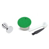 Set Capsula cafea si tamper INOX/ lingurita/periuta, Dolce Gusto Crema, reincarcabila/lavabila, certificare LFGB (standrad German) argintiu/verde