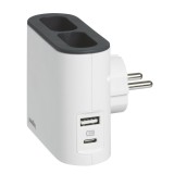 Adaptor 2 prize + USB A+C Legrand 049401, 6 A, contact de protectie, protectie copii, iesire laterala