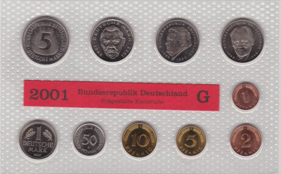 GERMANIA SET MONETARIE 1,2,5,10,50 PFENNIG 1,2,5 MARK 12.68 DM LIT. G 2001 UNC foto