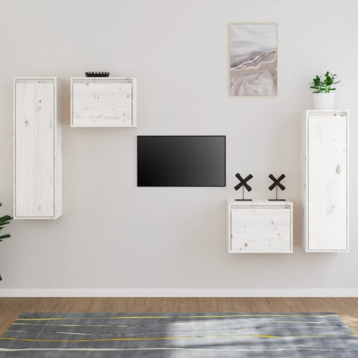 Comode TV, alb, 4 buc., lemn masiv de pin