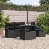 Set de sofa de gradina Gossi cu 6 piese si perne negre din poliratan, sofa de gradina cu 2 locuri Gossi cu depozitare si perne negre din poliratan
