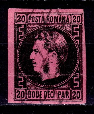 ✅RO 1866 ,LP 20 a ,&amp;quot;Carol I cu favoriti&amp;quot;, 20 par TIP II , hartie roz - groasa , stampila gratar , cuta H pe fata foto