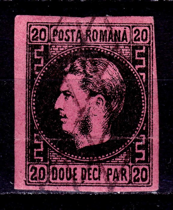 ✅RO 1866 ,LP 20 a ,&quot;Carol I cu favoriti&quot;, 20 par TIP II , hartie roz - groasa , stampila gratar , cuta H pe fata