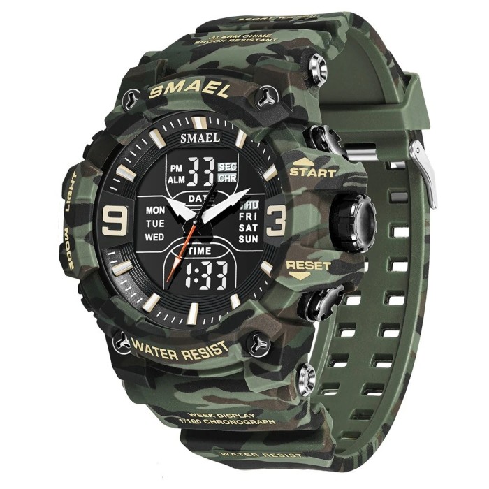 Ceas de mana barbatesc Smael Dual Casual Time Stil Army Militar Cronograf Cronometru Sport Camo Verde