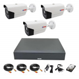 Sistem Supraveghere video, 3 camere exterior 2 MP, IR 40m, DVR 4 canale, accesorii full, HDD 500 GB