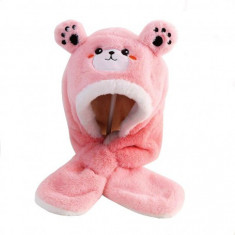 Caciula pentru iarna cu fular pentru copii, model ursulet, foarte calduroase, roz