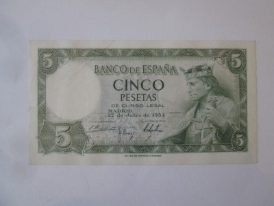 Spania 5 Pesetas 1954 in stare foarte buna foto