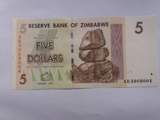 Zimbabwe 5 dollars 2007- UNC foto