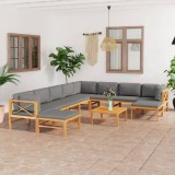 Cumpara ieftin Set mobilier grădină cu perne gri, 11 piese, lemn masiv de tec