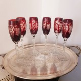 6 PAHARE DE ȘAMPANIE DIN CRISTAL ROSU RUBINIU-FLUTE GLASSES-ROMANIA ANII 70