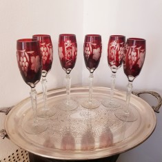 6 PAHARE DE ȘAMPANIE DIN CRISTAL ROSU RUBINIU-FLUTE GLASSES-ROMANIA ANII 70