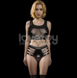 Set 2 Piese Rebellion Top si Strap-on, Material Wetlook si Plasa, Negru, M/L