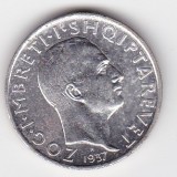 Monedă Albania 1 Frang Ar 1937, regele Zog I, argint .835, 5 g, KM 16