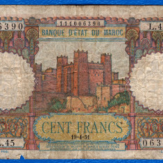 (2) BANCNOTA MAROC - 100 FRANCS 1951 (19.04), ADMINISTRATIE FRANCEZA, MAI RARA