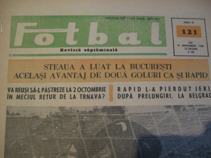 Revista Fotbal nr.121/19 septembrie 1968-Steaua-Spartak Trnava,OFK Belgrad-Rapid