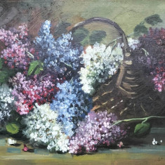 Flori de liliac, pictură veche semnată Stomociescu