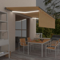 vidaXL Copertină retractabilă manual cu stor&amp;LED, galben&amp;alb, 5x3 m