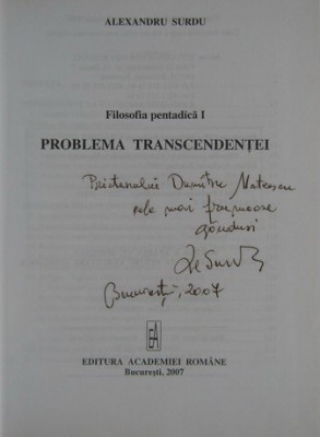 Problema transcendentei / Alexandru Surdu cu dedicatia autorului foto