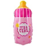 Balon din folie metalizata, flippy, mini figurina biberon, model it&#039;s a girl, tematica gender reveal, 44x20 cm, ambalaj individual, pai inclus, umflar