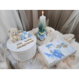 Set Trusou Botez si Lumanare, 9 Piese, cu Ursulet, Alb si Baby Blue, din Catifea - TB253