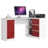 Birou calculator pe colt, placa laminata, 3 sertare, 4 rafturi, alb si rosu lucios, 155x85x77 cm, Akord Furniture Factory
