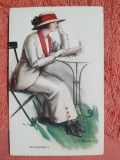 Desen tip carte postala, femeie citind, 1914