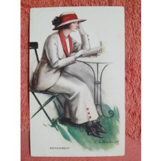 Desen tip carte postala, femeie citind, 1914