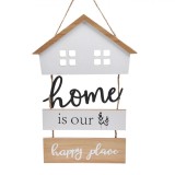 Decorațiune Suspendabilă Lemn, Casă Metalică, Mesaj &quot;Home is Our Happy Place&quot;, Alb/Maro, 19.5x29cm, Oem