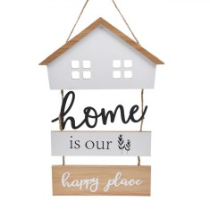 Decorațiune Suspendabilă Lemn, Casă Metalică, Mesaj &quot;Home is Our Happy Place&quot;, Alb/Maro, 19.5x29cm
